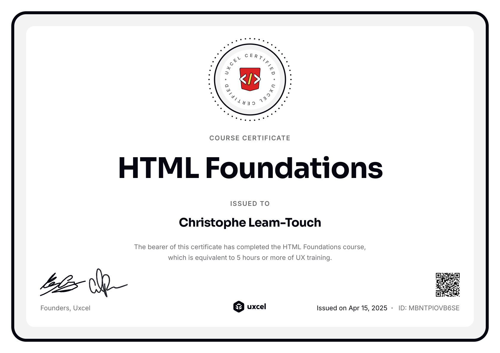 Christophe Leam-Touch's certificate